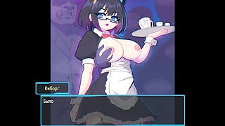 Waitress with large breasts squashes them against the window as patrons push their cocks against it