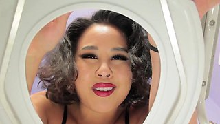 Asian domina teases and spits on toilet slave