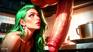 Bimbo Green Hair Big Tits Ass Huge Cock Dream Kitchen Tease (100% AI Generated)