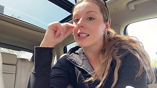 Cute slut almost got caught fucking her pussy with a big dildo in her car outside!