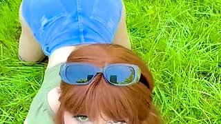 Amateur redhead handjob and a blowjob with a facial