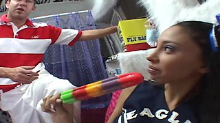 Latina teenage cheerleader gets plowed in the back of an popsicle car