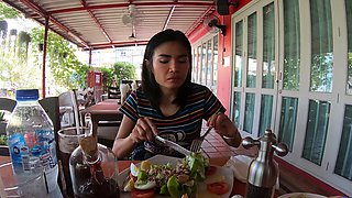 Thai brunette teenager's tight pussy gets pounded by a big dildo in wild doggy style