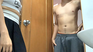 Schoolgirl is surprised in the bathroom by her stepbrother and they end up fucking