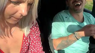 Blond in stocking shows gash in truck with beau