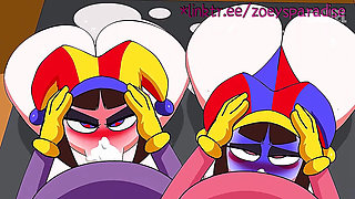 Two mischievous clowns are having fun after the show