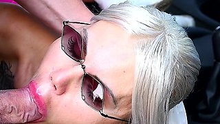 Sucked a Big Dick Outdoors Lying in a Car and Got a Lot of Hot Cum on My Face