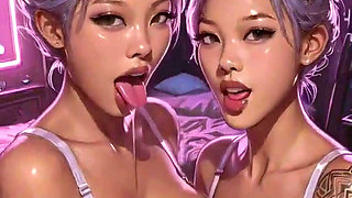 Cyberpunk Lesbians Tongue and Kiss Fetish, Ai Animation