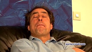 Stepmom Sonja gives stepdad a hot blowjob and takes his cumshot - mature redhead with small tits