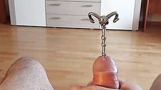 Urethral cock sounding play and cumshot through hollow sounding plug