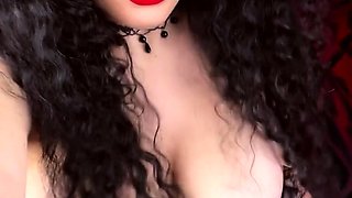 Busty curly brunette with big boobs fucks on couch