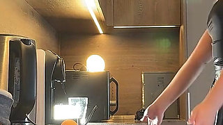 Amazingly Beautiful Hot and Horny Girl in Stockings in the Kitchen Flashes Her Tight Pussy and Ass