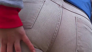 Real amateur in tight pants showing off her visible panty line ass outdoor
