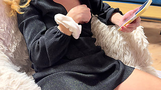 Wife exposing and playing with her juicy pussy in a hotel lobby bar in public