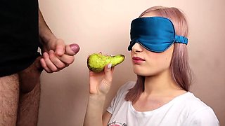 Petite step sister got blindfolded in fruits game