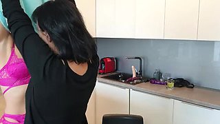 Lesbian MILFs Wanilianna & Belle O'Hara in Lingerie and Stockings - Hot Sapphic Kitchen Romance with Magic Wand and Pussy Eating