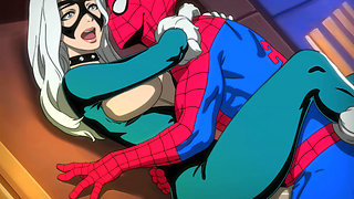 Black Cat Bends Over The Rooftop - Spider-Man Rams His Big Cock Inside Her Pussy