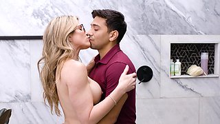 Pretty blonde gets her shaved pussy licked by a young and hung stud.