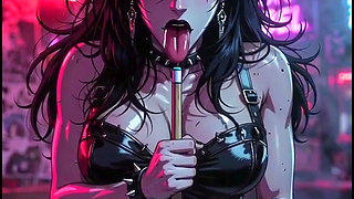 Dark anime woman in bar at billiards, rocker leather