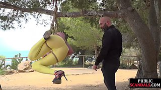 Femsub used in public hanging spanking bondage